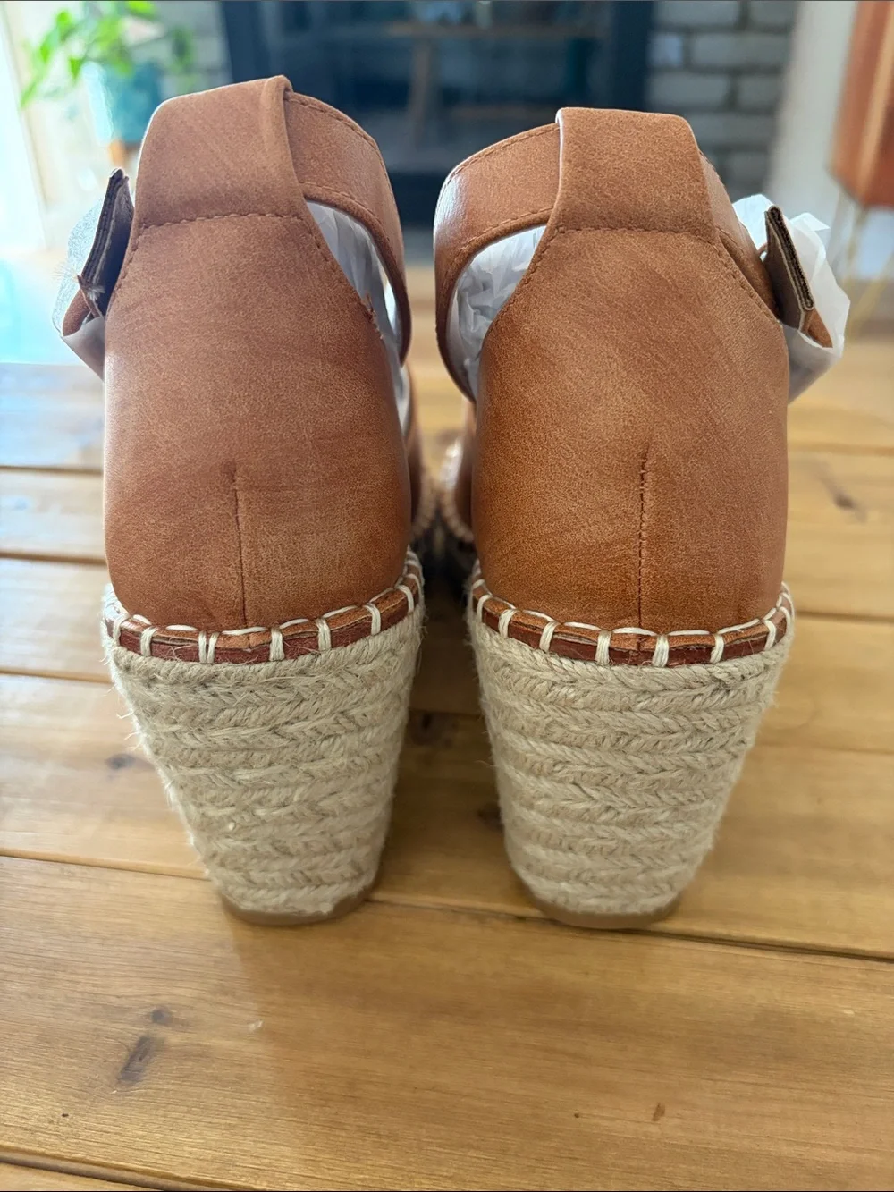 BEAST FASHION Cognac Brown Espadrille Wedge Sandals with Ankle Strap